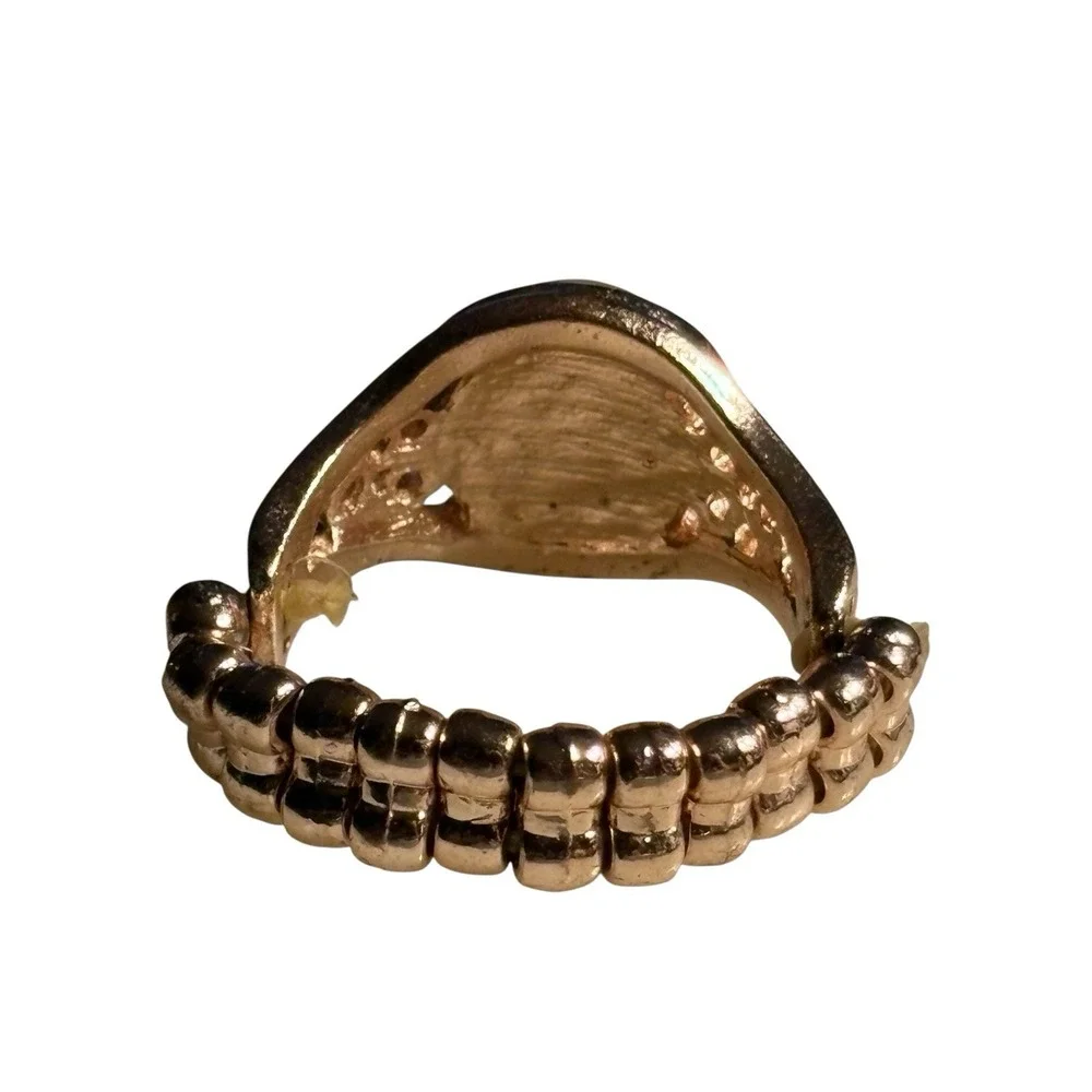Vintage Ring Faux Opal Gold Tone Adjustable‎ Stretch Round Open Work Textured